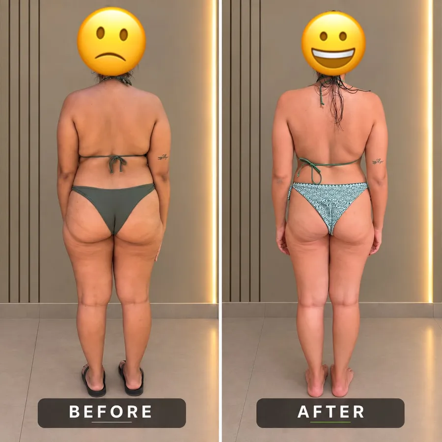 Antes e depois da mesma aluna, vista de costas, na mesma pose. Rosto coberto.